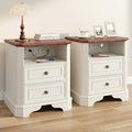 24" White Nightstand with Charging Station, Set of 2 Modern Farmhouse Bedside Table with 2 Drawers and Open Shelf, Traditional Wood End Table with Outlets and USB Ports