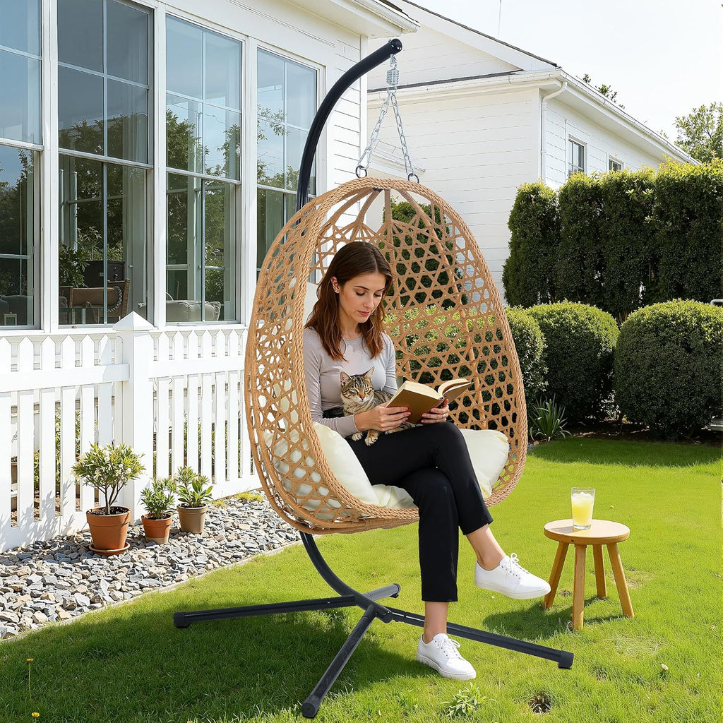 EortheX Hanging Egg Chair with Cushions – Comfortable Rattan Swing Chair with Stand for Patio, Garden, or Balcony – Stylish and Relaxing Outdoor Lounge Chair, 350LBS Capacity Indoor Outdoor (Beige)