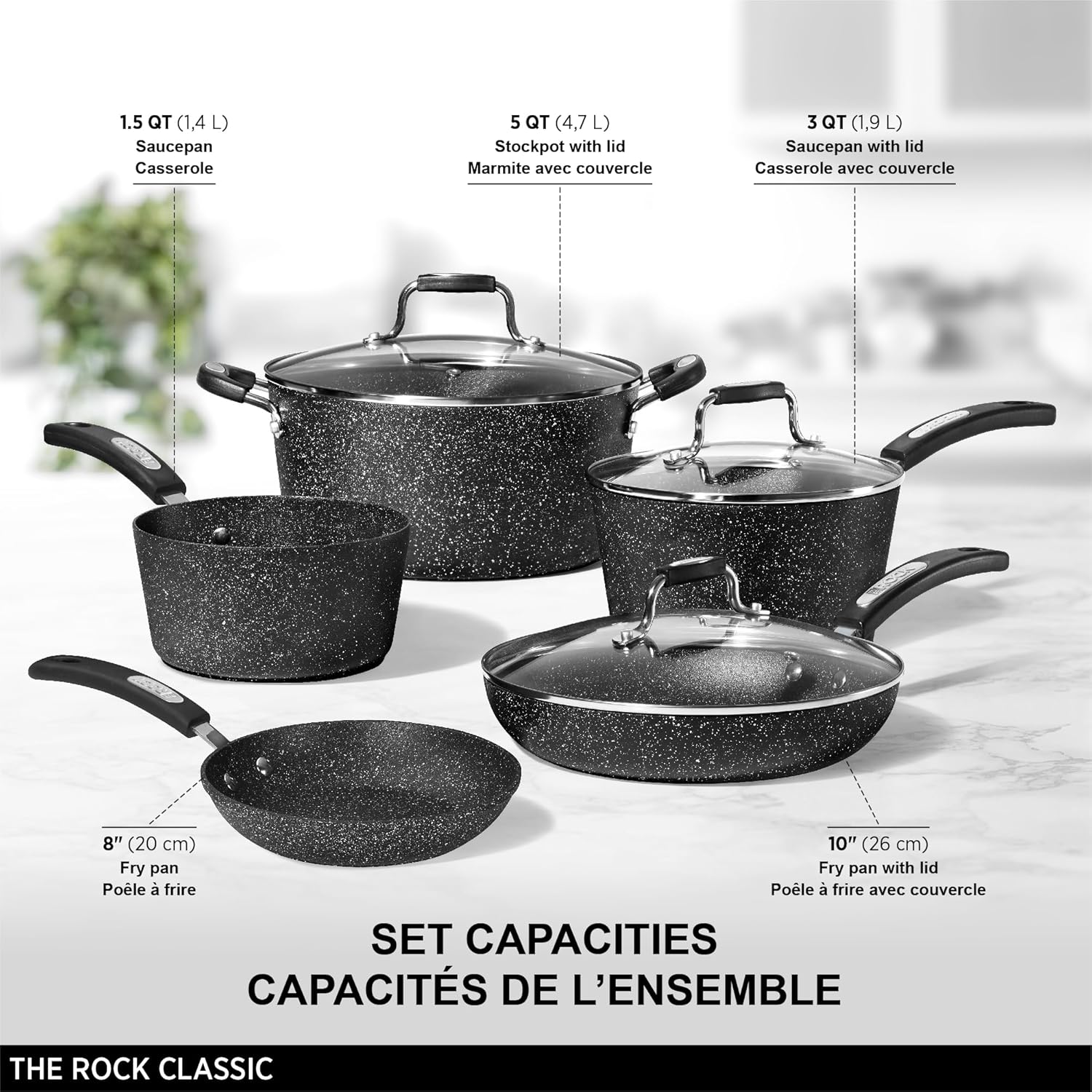 Starfrit The Rock 8PC Non-Stick Cookware set - Durable Forged Aluminum - Oven Safe - PFOA Free - Easy to Clean - Black