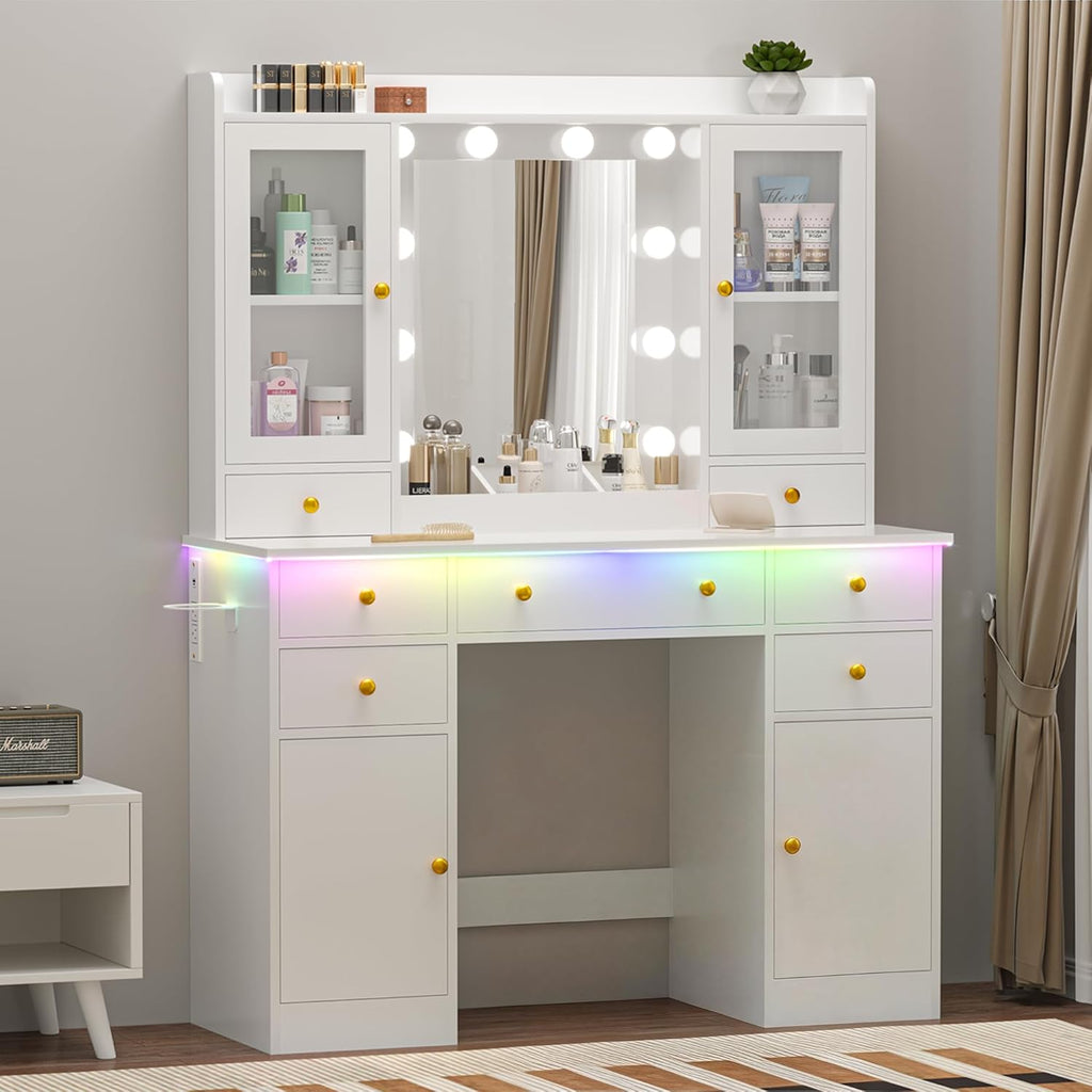 Vanity Desk with Mirror and Lights, 43" White Makeup Vanity Set with 5 Drawers & Glass Cabinets, Makeup Tray, Power Outlet & Adjustable LED Lights, Dressing Table for Women & Girls Bedroom