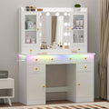 Vanity Desk with Mirror and Lights, 43" White Makeup Vanity Set with 5 Drawers & Glass Cabinets, Makeup Tray, Power Outlet & Adjustable LED Lights, Dressing Table for Women & Girls Bedroom