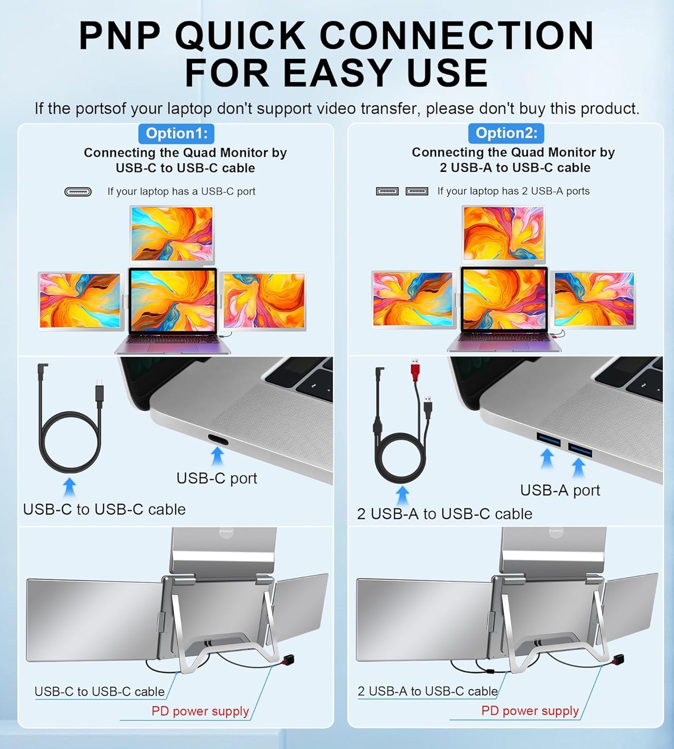 FOPO 16" Laptop Screen Extender Monitor Portable  Quad Monitor  Just 1 Cable for 3 Screens  FHD 1200P IPS Laptop Extender Compatible with Wins/Mac for 13.6" - 18.5" Laptops