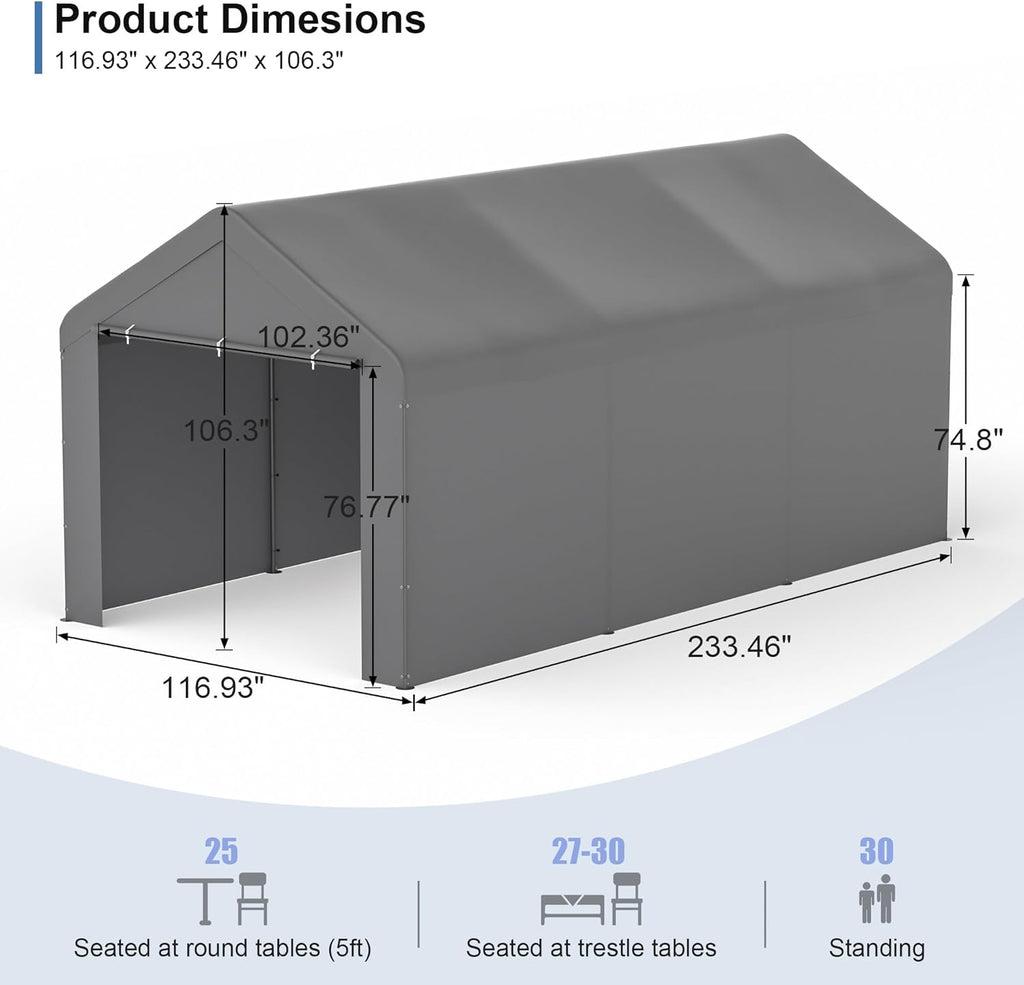 GOJOOASIS Carport 10x20 Car Ports Heavy Duty Outdoor Car Canopy Shelter Storage Tent Portable Garage with UV Protection, Waterproof & Rust-Proof, Easy Assembly for Cars, Trucks, Vehicles (Grey)