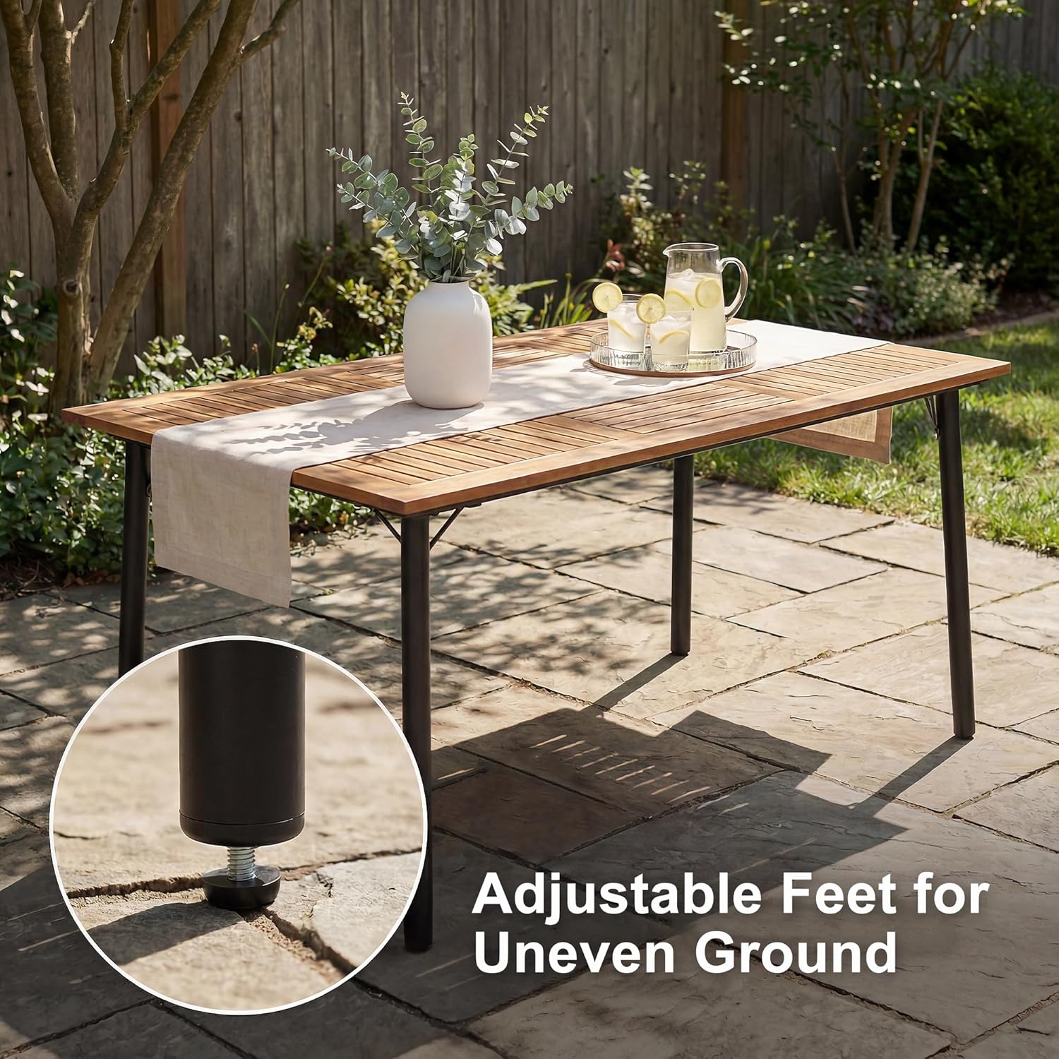 Flamaker Acacia Wood Patio Outdoor Dining Table for 6, Outdoor Table with Umbrella Hole and Metal Legs for Garden, 63’’L x 36’’ W x 30’’ H