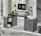 JXQTLINGMU Modern L Shaped Desk with Storage Cabinet & Drawers, Wood Home Office Desk with Power Outlets, Fluted Computer Writing Desk