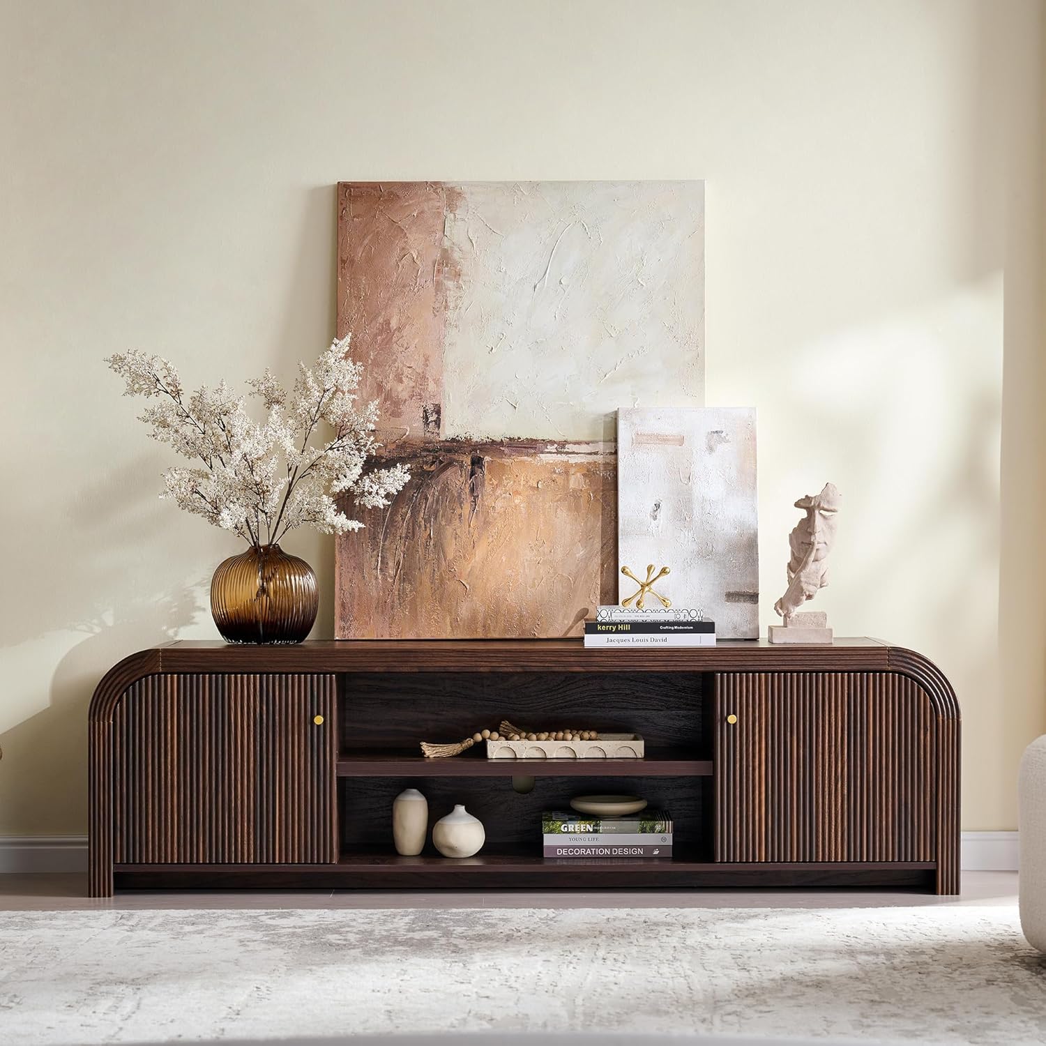 T4TREAM 70" Modern Fluted TV Stand, Long TV Table Entertainment Center with Storage, Media Console for Living Room with Door and Adjustable Shelves (Dark Walnut)