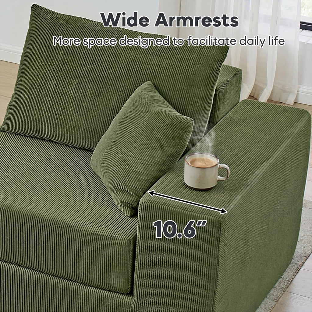 L Shaped Modular Sofa Bed with Ottoman, Corduroy Folding Floor Convertible Sofa Couch Bed, Boneless Combination Design Loveseat Sleeper Couch with Non Slip Base for Living Room, Green