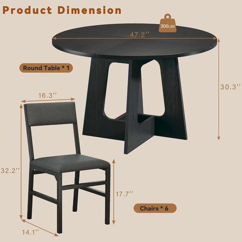 Round Dining Table Set for 6, 7-Piece Kitchen Table and Chairs for 6, 47'' Round Dining Room Table Set with 6 Chairs, Space Saving Dining Table with Wood Base for Kitchen, Living Room, Black