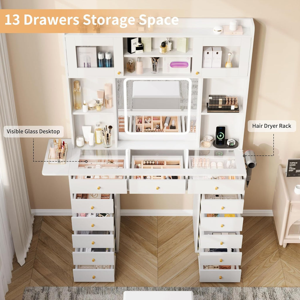 Vanity Desk with Mirror and Light, 47.2''W White Makeup Vanity with Glass Top and 13 Drawers, Fold-up Panel, Modern Vanity Table Set with Stool for Women Girls