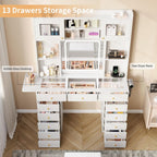 Vanity Desk with Mirror and Light, 47.2''W White Makeup Vanity with Glass Top and 13 Drawers, Fold-up Panel, Modern Vanity Table Set with Stool for Women Girls