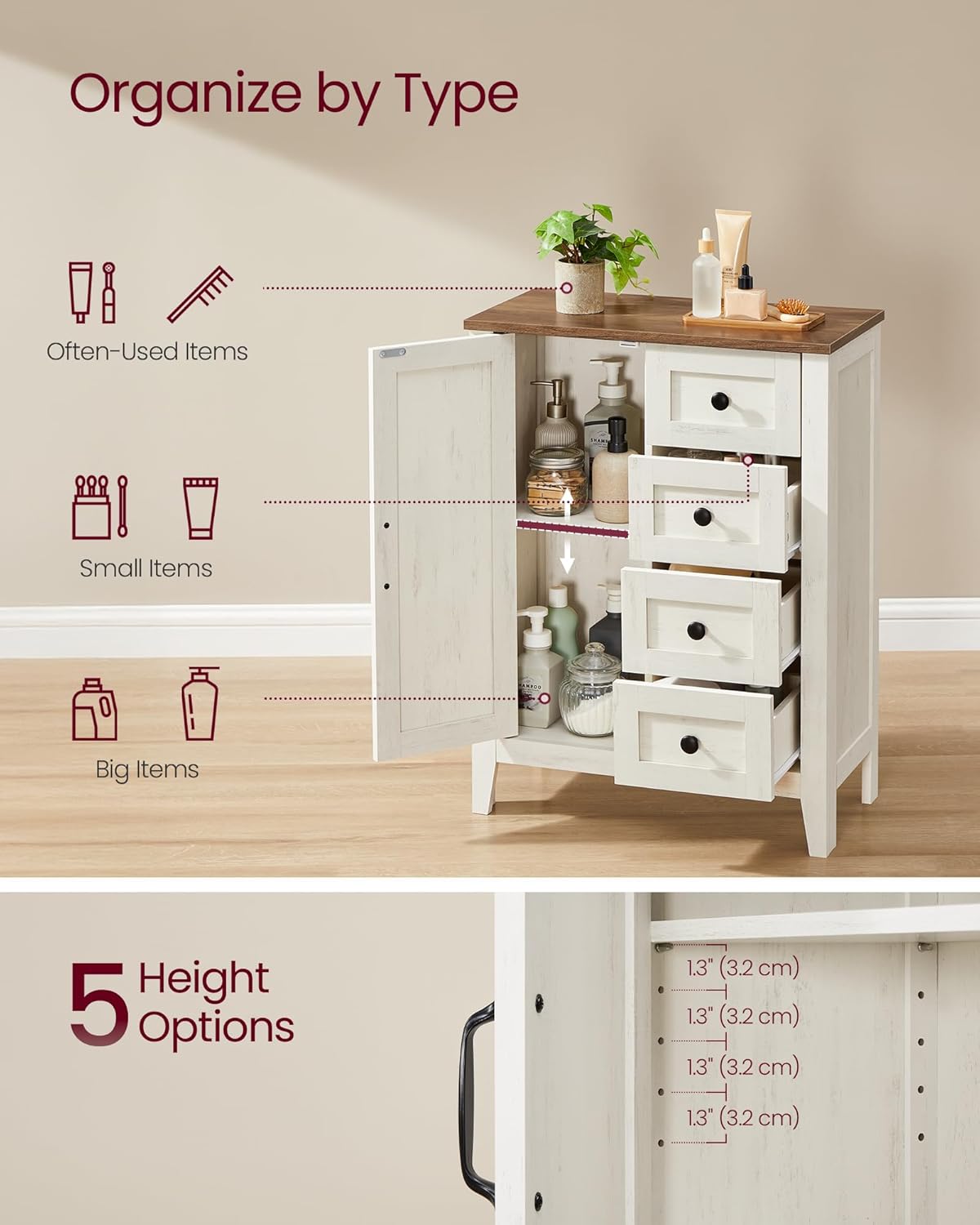 VASAGLE LIRY Collection - Storage Cabinet, Farmhouse Bathroom Floor Cabinet with 4 Drawers, Freestanding Storage Organizer, Barn Door, Adjustable Shelf, Rustic White, UBBK753W01