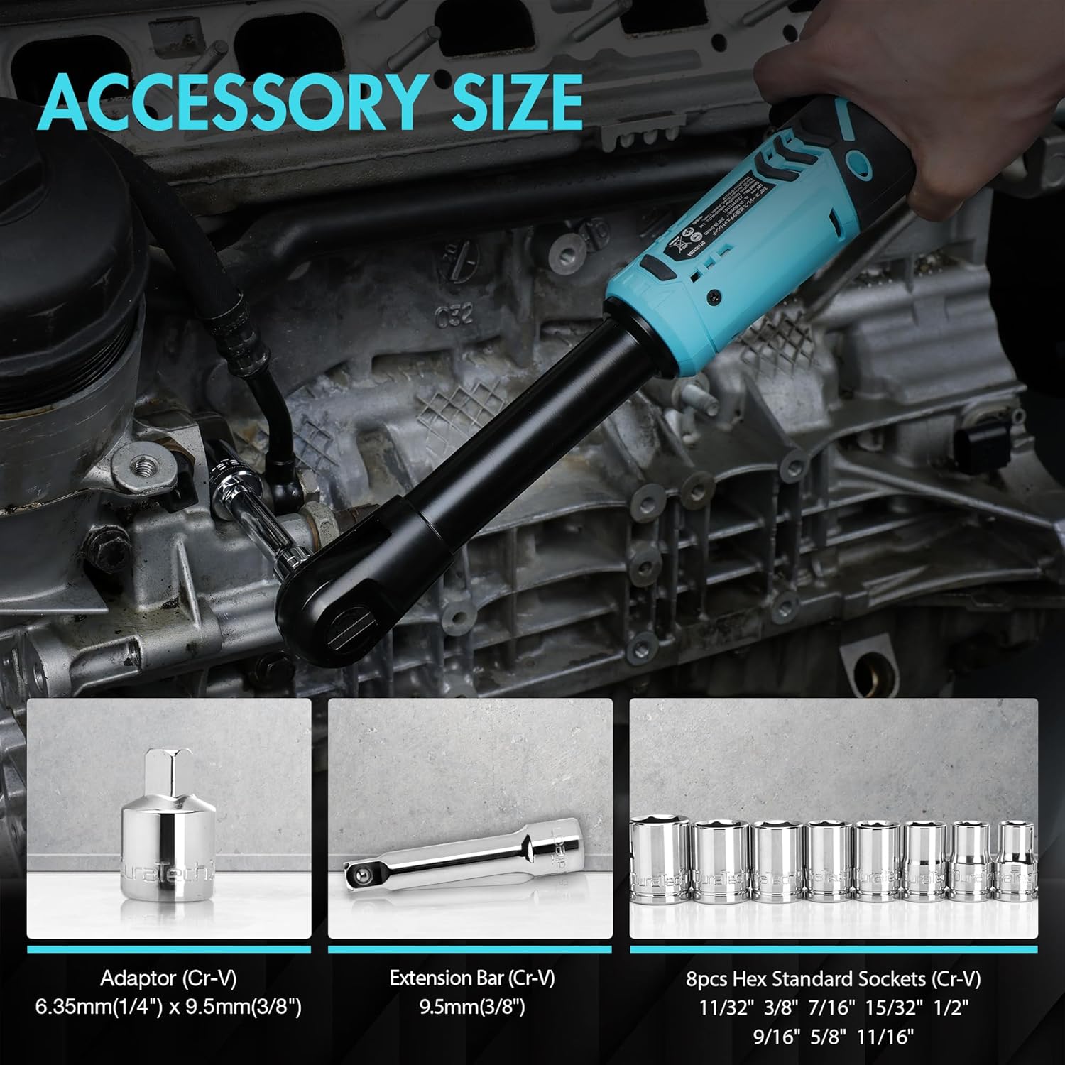 DURATECH Extended Cordless Ratchet Wrench, 3/8" 12V 44 Ft-Lbs Long Neck Electric Ratchet Wrench with 2-Pack 2.0Ah Li-Ion Battery, 1 Hour Fast Charger, 10 Sockets Accessories & Variable Speed Trigger