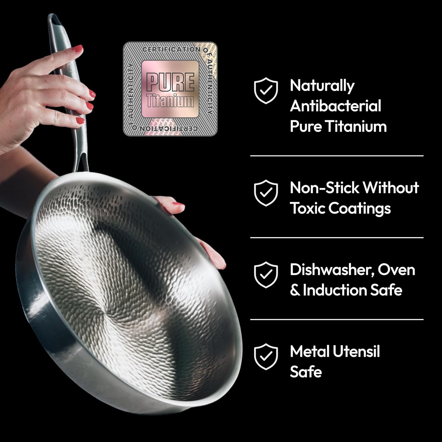 Plateful Titanium Pan For Cooking 12" - Pure, No Coating Non-Stick Titanium Cookware, Frying Pans, Hammered Pan, Safe For Oven, Induction & Cooktops Up To 750°F, Includes Lid