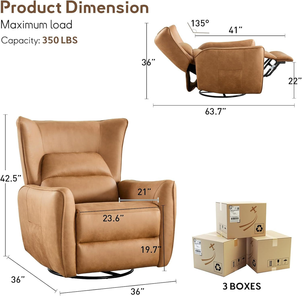 Bonzy Home 270° Swivel Power Recliner Chair, 30° Rocking Chair with Lumber Cushion and Highly Enveloping Backrest, Electric Reclining Home Theater Seat for Nursery, Bedroom, Living Room, Brown