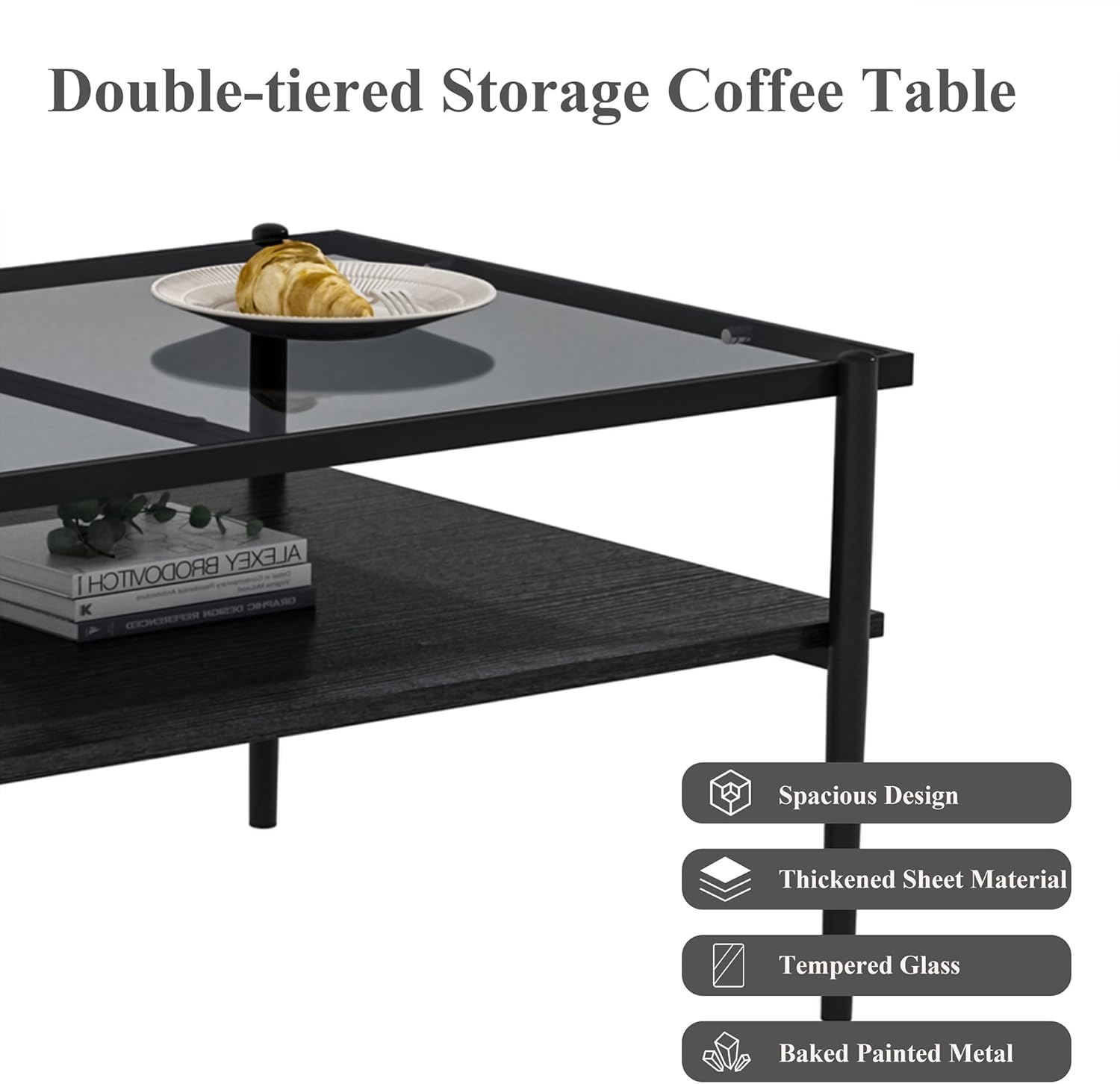 Casaphoria Rectangle Coffee Table, Modern 2-Tier Center Table with Gray Tempered Glass Top & Black Metal Legs, Living Room Furniture with Open Storage Shelf, 38.4 Inch