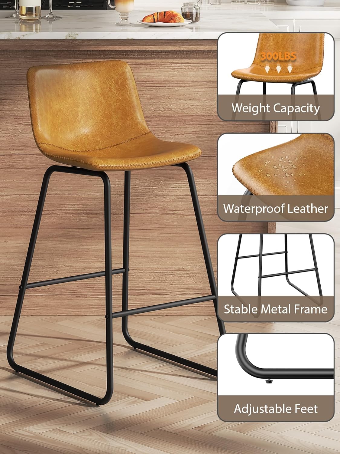 Bar Stools Set of 4, 26 Inches Counter Height Bar Stools with Back, Modern Faux Leather Barstools with Metal Legs and Footrest, Bar Chairs for Kitchens Island (Whiskey Brown)