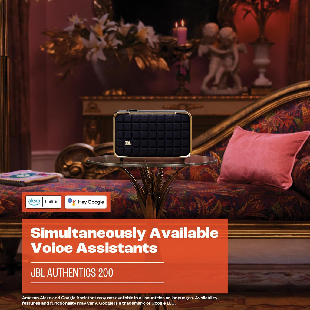 JBL Authentics 200 - Retro Style Smart Home Speaker with Built in Wi-Fi  Bluetooth and Voice Assistants  Alexa and Google Assistant  Multi-Room Playback  Automatic self tuning (Black/Gold)