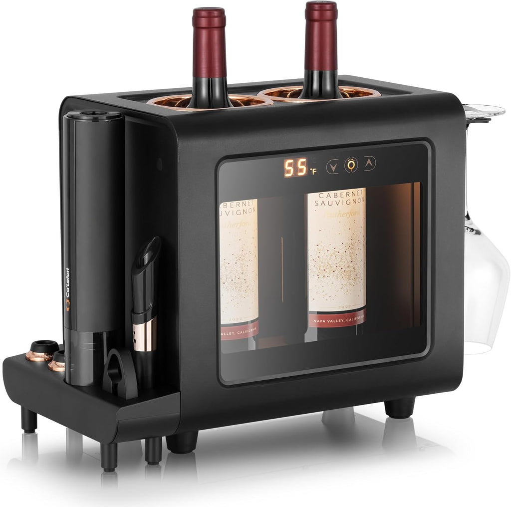 Ca'Lefort Electric Wine Chiller - 46-64°F Wine Cooler for 2 Standard Bottles (3.6" Dia.), All-in-1 Set Electric Opener & 2 Glasses, Perfect for Red, White, Champagne at Home/Office, Gift for Men Women