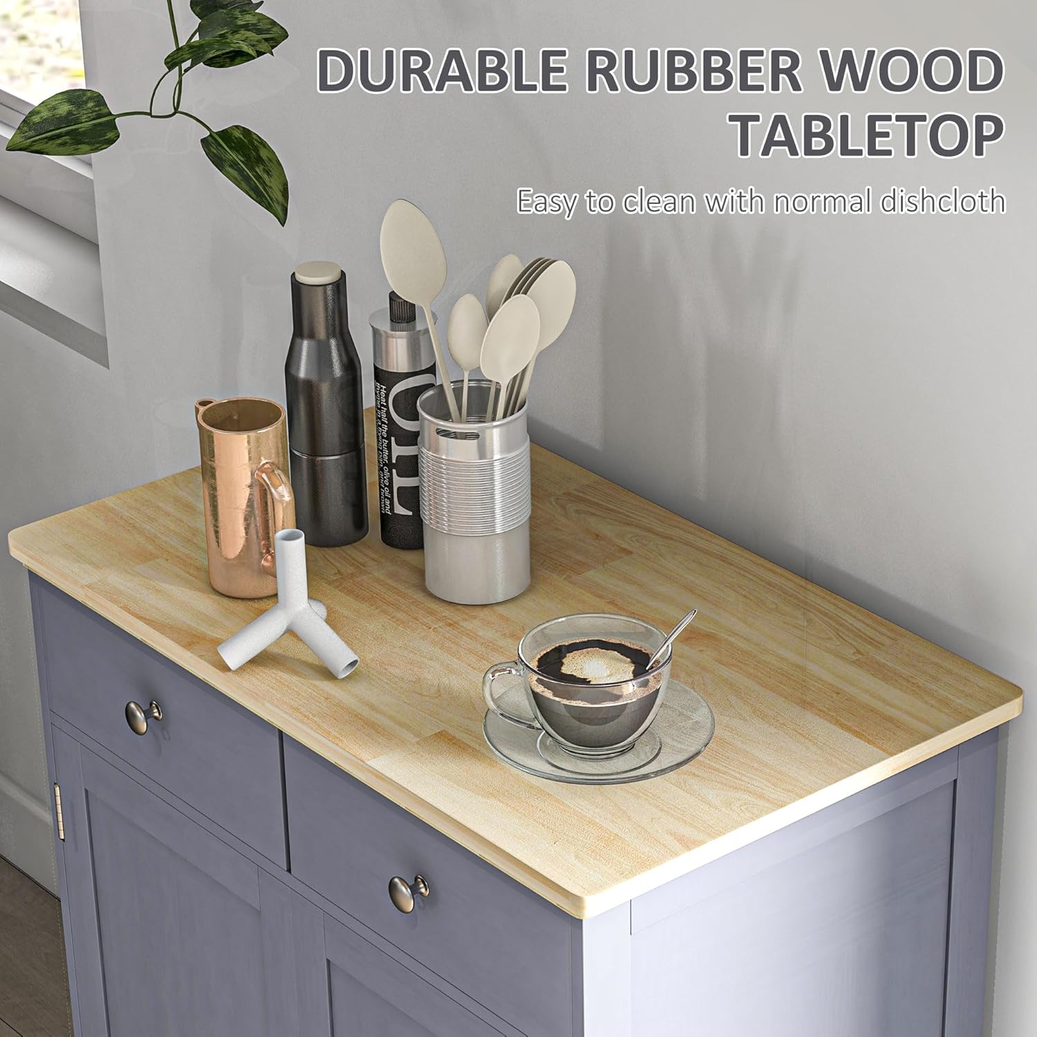 HOMCOM Sideboard Buffet Cabinet with Solid Wood Countertop, Modern Kitchen Storage Cabinet, Coffee Bar Cabinet with 2 Drawers, Doors and Adjustable Shelf, Gray