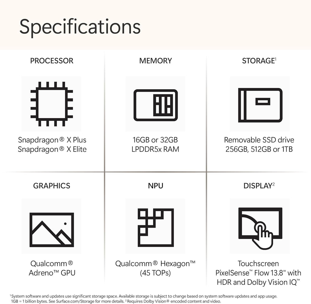 Microsoft Surface Laptop (2024)  Windows 11 Copilot+ PC  13.8" Touchscreen Display  Snapdragon X Elite (12 core)  16GB RAM  1TB SSD Storage  Dune
