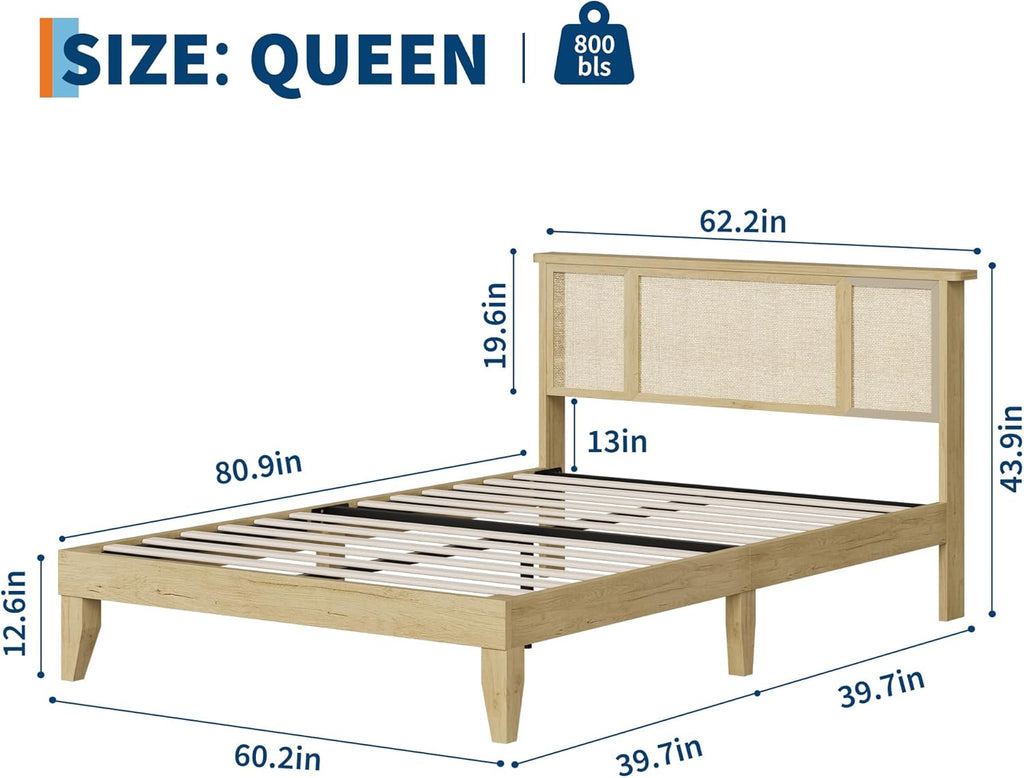 Rattan Bed Frame Queen with Natural Rattan Headboard, Sturdy Wooden Slats, Metal Platform Support, Silent Slats, No Box Spring Needed, Stylish and Robust Bedroom Furniture