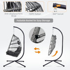 Hanging Egg Chair with Stand, Foldable Oversized Swing Chair, All-Weather Core-Spun Rope, Premium Fabric, Thick Breathable Water-Resistant Cushion, 350LBS Indoor Outdoor (Dark Grey)