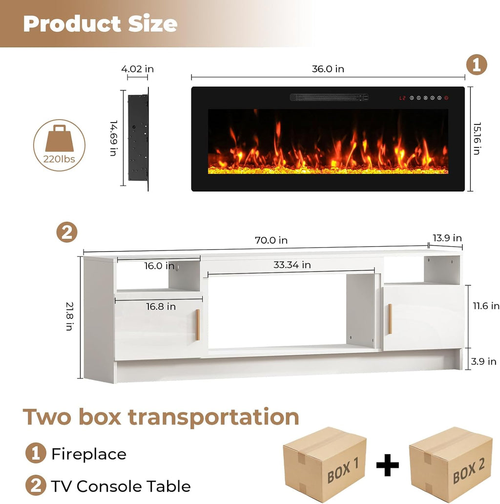 70" Electric Fireplace TV Stand for TVs Up to 80", LED Light Media Console with 36" Electric Heater, Storage Cabinet, Entertainment Center for Living Room, White
