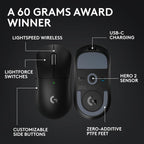 Logitech G PRO X Superlight 2 Wireless Gaming Mouse, 60g Pro-Grade with 5 Programmable Buttons, 44k DPI Sensor, 8kHz Report Rate, USB-C Charging for PC/Mac - Black