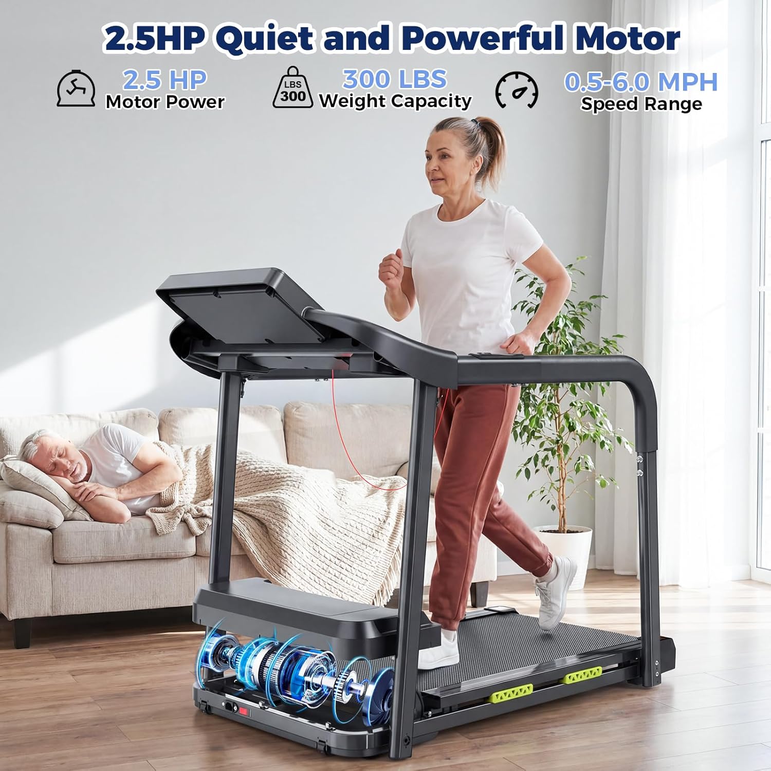 Treadmill for Senior at Home, Walking Jogging Running Pad Treadmill for Elderly, with Long Handrails, Heart Rate Monitor, Wide Running Belt, 2.5 HP, 300 LBS Capacity, PAD Stand & Cup Holder