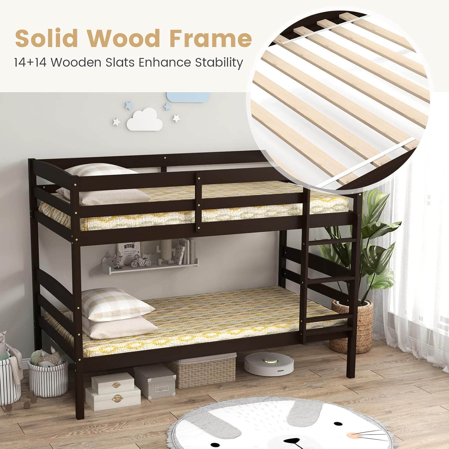 KOMFOTT Bunk Bed Twin Over Twin, Bunk Bed Frame w/Full-Length Guardrail & Integrated Ladder, Wood Bunk Bed for Small Space, Converts to 2 Individual Beds for Kids & Adults, No Box Spring Needed