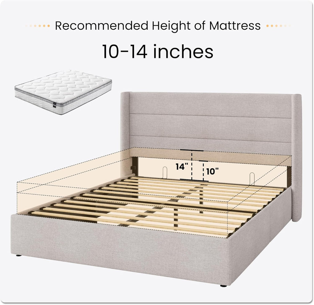SHA CERLIN Queen Size Lift Up Storage Bed/Modern Wingback Headboard/Upholstered Platform Bed Frame/Hydraulic Storage/No Box Spring Needed/Wood Slats Support/Light Beige