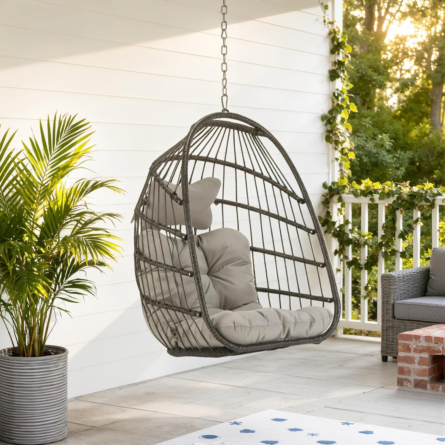 RADIATA Outdoor Hanging Egg Chair Without Stand, Foldable Rattan Wicker Swing Basket, 350 Lbs Heavy-Duty Hammock Chair with Cushion & Pillow for Patio Balcony Bedroom Garden Ceiling Tree, Light Gray