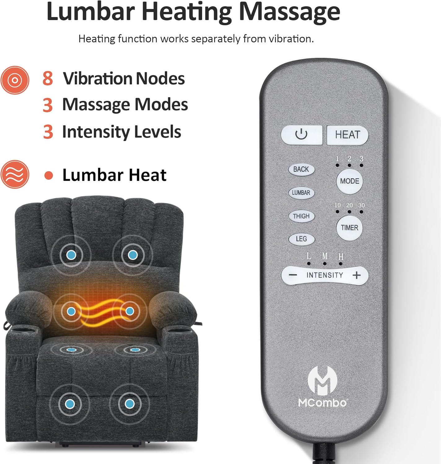 MCombo Power Lift Recliner Chair for Elderly, Lift Chair with Heat and Massage, USB &Type C Ports, Cup Holders, Fabric 7095 (Medium, Dark Grey)