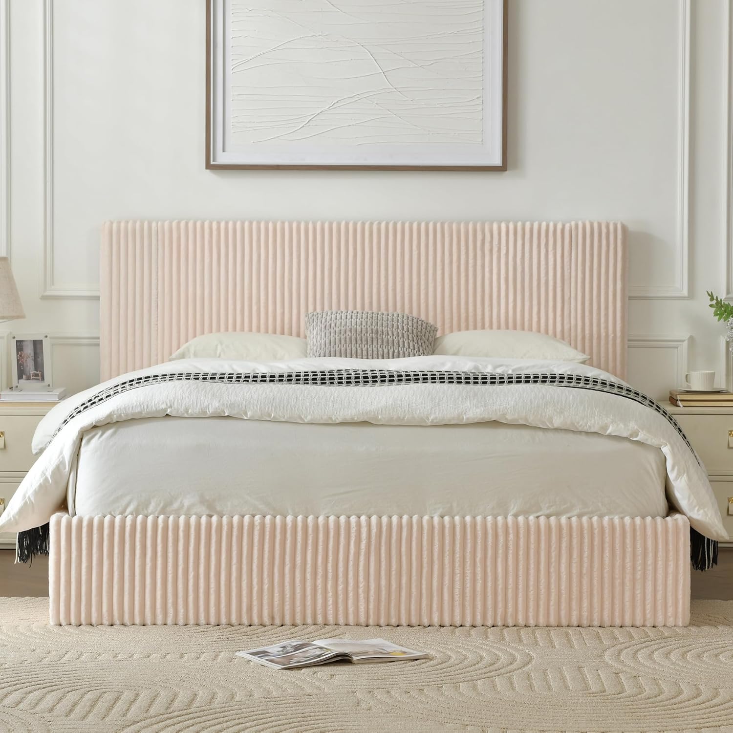 YUHUASHI Queen Size Storage Bed Frame, Vertical Striped headboard with Delicate Velvet Fabric, Hydraulic Lift for Storage, no Box Spring Needed, no Noise (Beige, Queen (U.S. Standard))