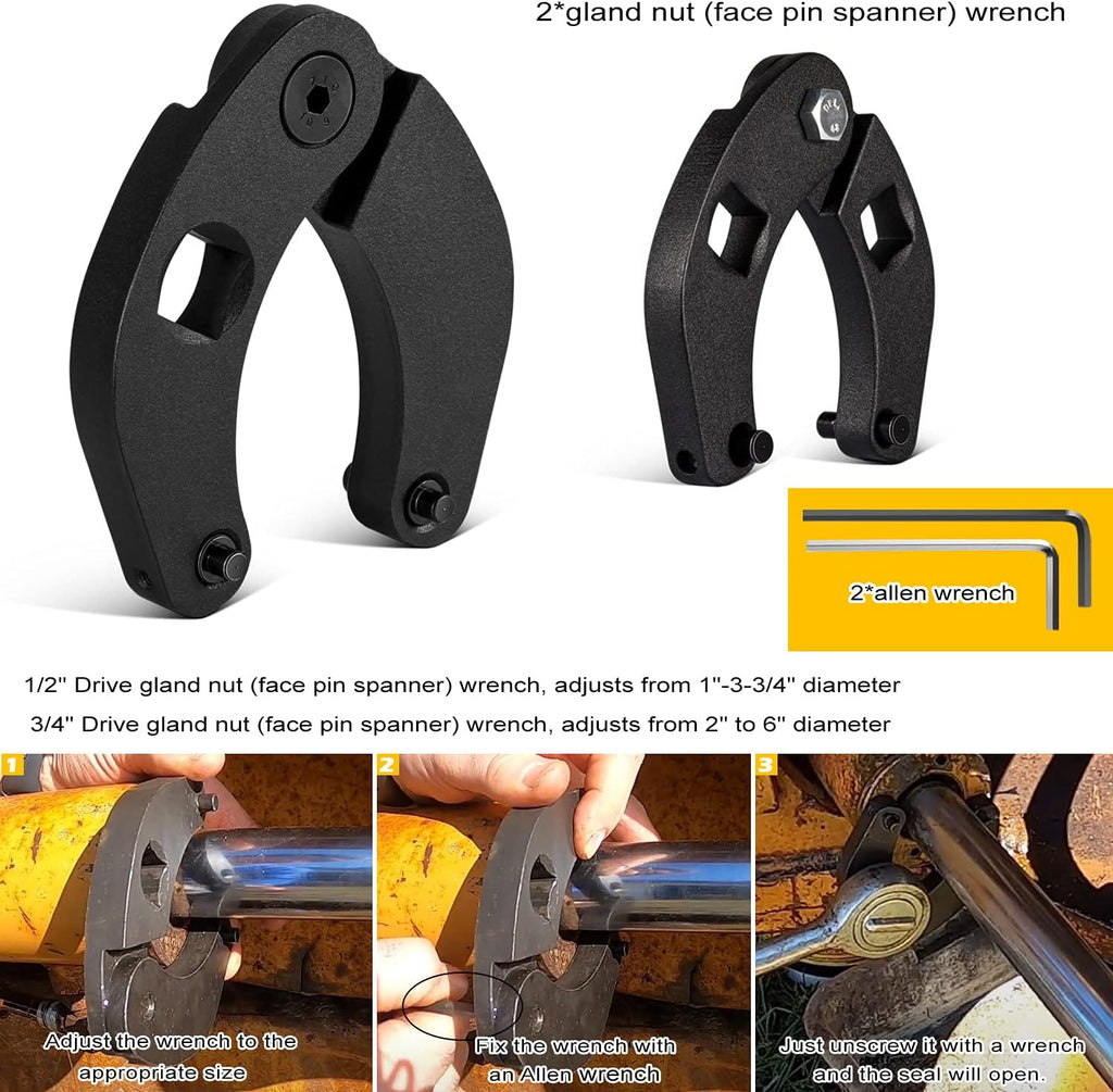 Hydraulic Cylinder Repair Tool kit For skid steers, loaders, backhoes Include gland wrench U-seal installer tools Seal puller Smooth type Piston Ring Compressor (17pcs)