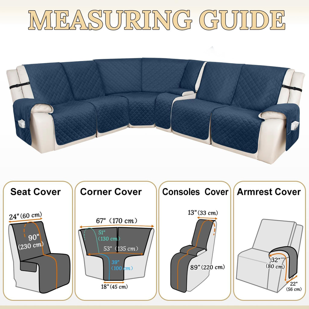 HDCAXKJ 100% Waterproof Velvet Recliner Sectional Couch Covers L Shaped Corner Reclining Sofa Cover Washable Thick Non Slip Sectional Slipcover with Pockets (5 Seat and 1 Middle Console, Dark Blue)