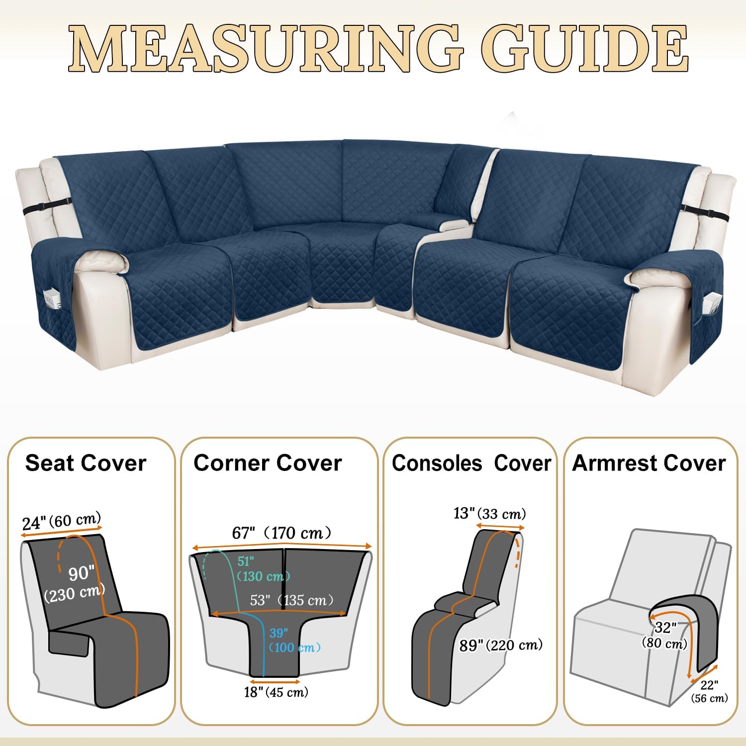 HDCAXKJ 100% Waterproof Velvet Recliner Sectional Couch Covers L Shaped Corner Reclining Sofa Cover Washable Thick Non Slip Sectional Slipcover with Pockets (5 Seat and 1 Middle Console, Dark Blue)