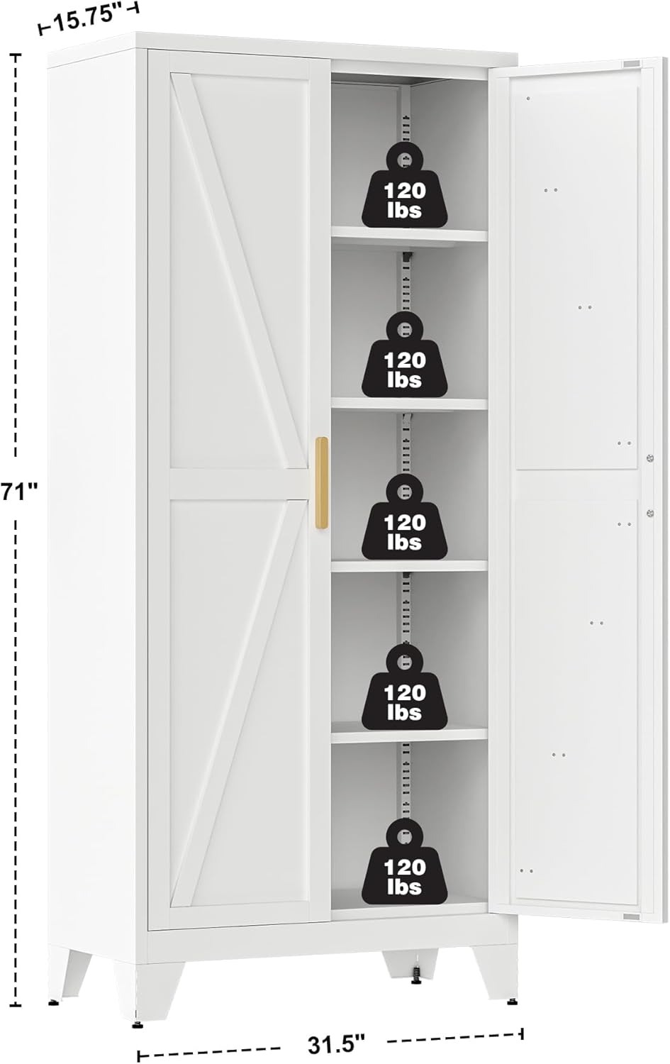 QINPTWUT 71" Storage Cabinet with Doors and Shelves, Tall Pantry Cabinet in White with 2 Doors & 4 Adjustable Shelves, All-Steel Farmhouse Cupboard for Kitchen, Living Room,Home Office,Garage