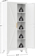 QINPTWUT 71" Storage Cabinet with Doors and Shelves, Tall Pantry Cabinet in White with 2 Doors & 4 Adjustable Shelves, All-Steel Farmhouse Cupboard for Kitchen, Living Room,Home Office,Garage