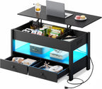 WLIVE Coffee Table, Lift Top Coffee Table with Drawers, LED Light, Large Storage and Open Shelf, Lift Tabletop for Living Room, Deep Black