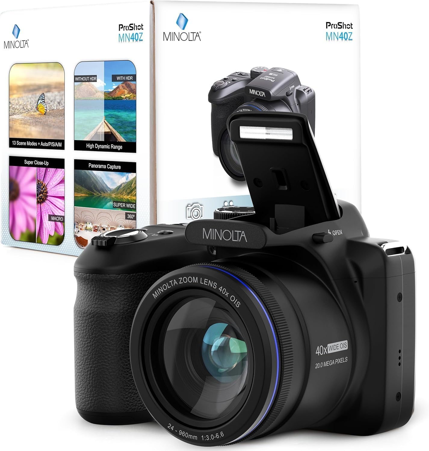 Minolta MN40Z 20MP Digital Camera – 40x Optical Zoom  1080p FHD Video  3.0" LCD  Wi-Fi  Face/Smile/Blink Detection – Black