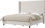 AMERLIFE King Size Bed Frame with 65" Tall Headboard, Upholstered Corduroy Bed Frame with Wingback, Platform Bed with Solid Wood Gourd Legs, Solid Slats, No Box Spring Needed, White