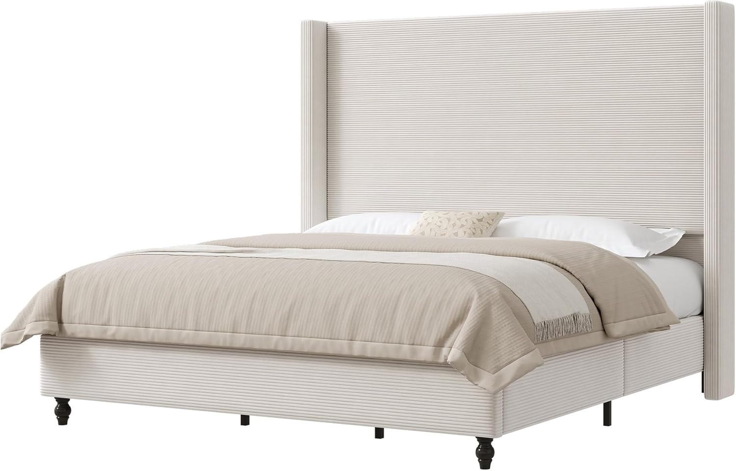 AMERLIFE King Size Bed Frame with 65" Tall Headboard, Upholstered Corduroy Bed Frame with Wingback, Platform Bed with Solid Wood Gourd Legs, Solid Slats, No Box Spring Needed, White