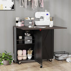 Folding Dining Table with 6 Wheels, Drop Leaf Tables for Small Spaces, Foldable Dining Table with 2-Layer Storage Rack, Kitchen Table with Drawer (Brown Wood and Black)