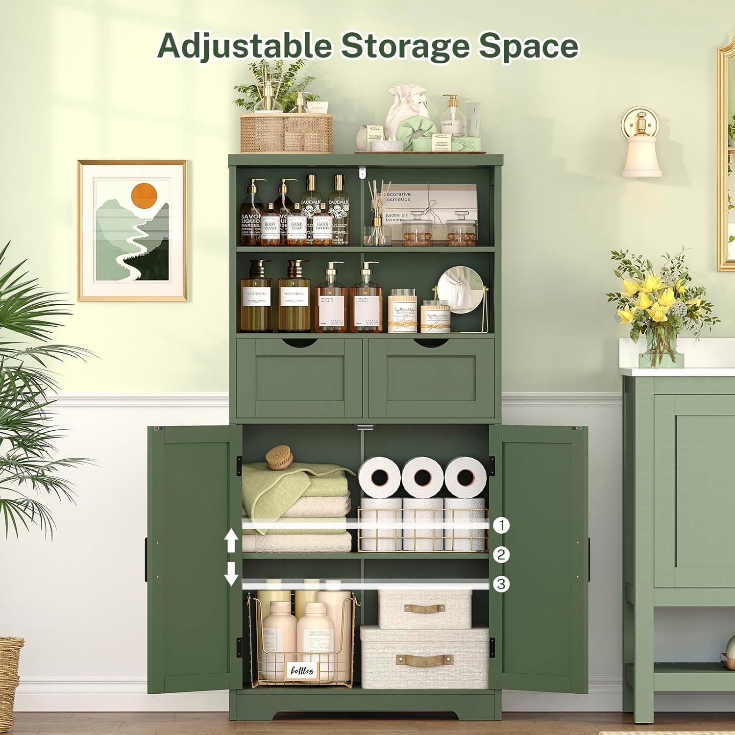 TEENFON Bathroom Cabinet with Adjustable Shelf & 2 Drawers, Farmhouse Storage Cabinet with 2 Doors, Kitchen Storage Cabinets for Living Room, Entryway, Home Office, Forest Green
