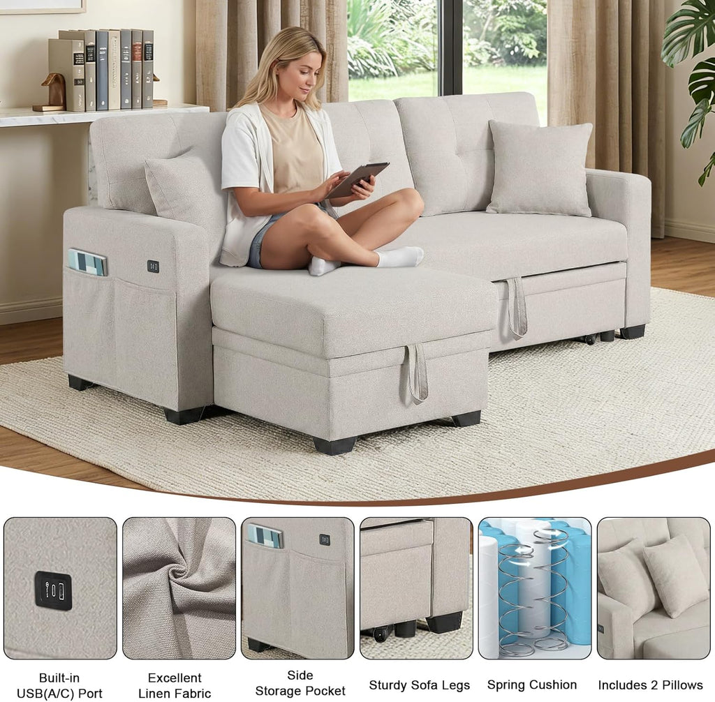 82" L Shaped Sleeper Sofa Bed: Sectional Sleeper Couch with Pull Out Bed, Storage Chaise, USB Charging, 3 Seat Sectional Sofa Bed with Throw Pillow for Living Room (Linen Fabric, Beige)