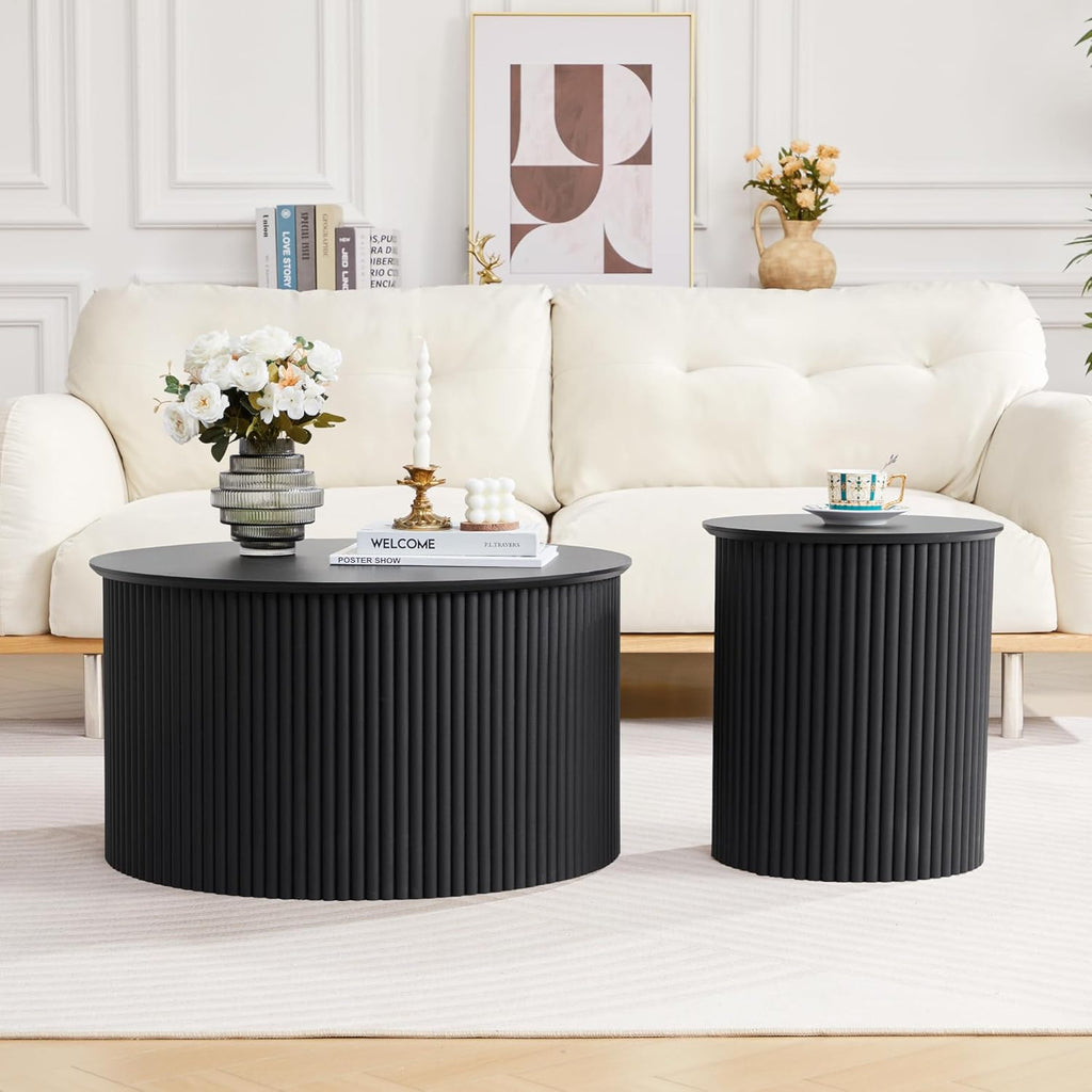Fluted Round Nesting Coffee Table Set of 2, Mid Century Modern Wood Coffee Tables and End Table Set, Circle Side Table Minimalist Center Tables for Living Room, Office(Black)