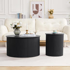 Fluted Round Nesting Coffee Table Set of 2, Mid Century Modern Wood Coffee Tables and End Table Set, Circle Side Table Minimalist Center Tables for Living Room, Office(Black)