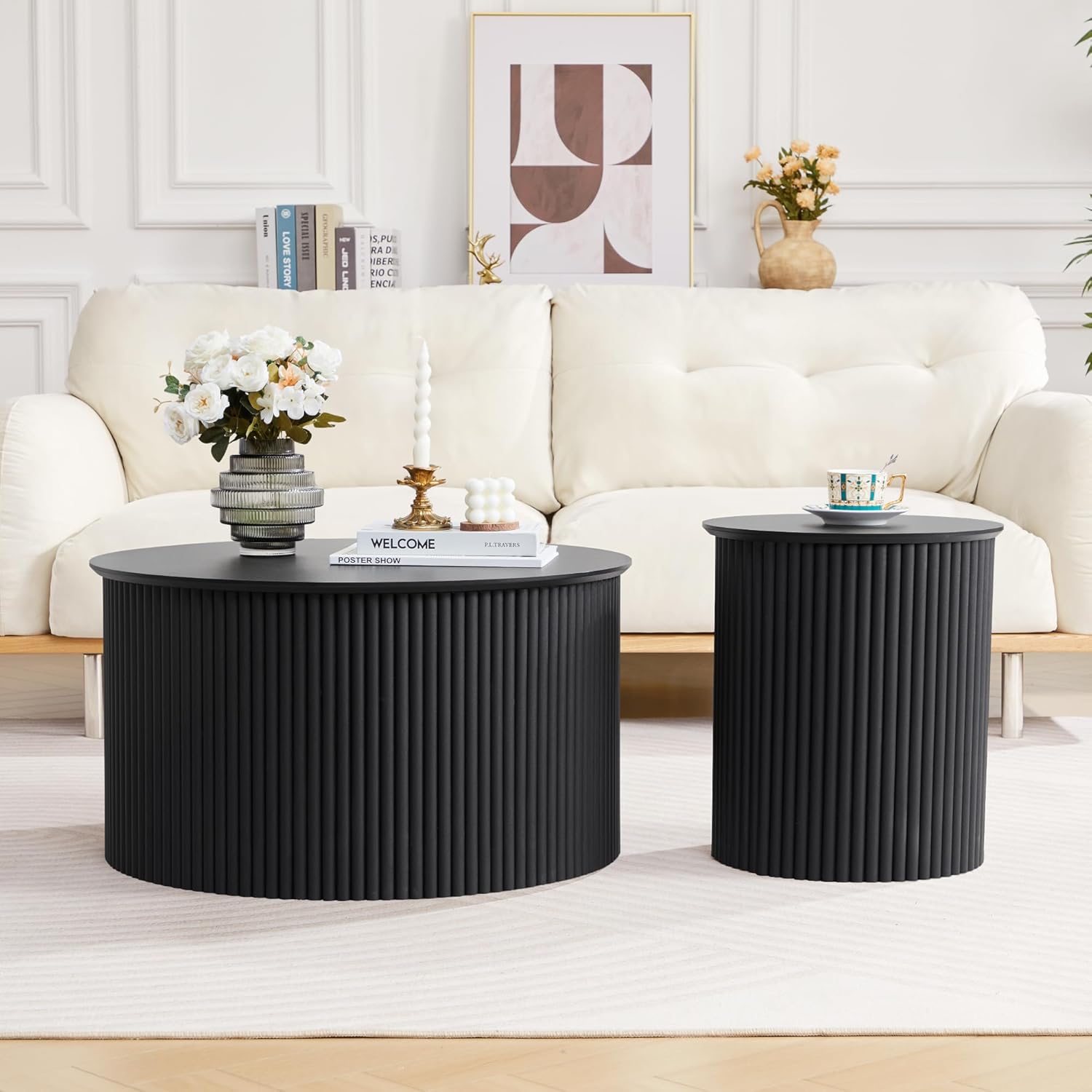 Fluted Round Nesting Coffee Table Set of 2, Mid Century Modern Wood Coffee Tables and End Table Set, Circle Side Table Minimalist Center Tables for Living Room, Office(Black)