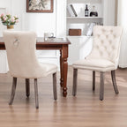 Velvet Dining Chairs Set of 4, Upholstered Dining Room Chairs with Nailhead Ring Pull Trim, Button Tufted Wing Back Chairs for Dining with Solid Wood Legs for Kitchen Dining Room(Beige)